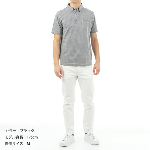 ポロシャツ メンズ 半袖 チェック柄 涼しい 軽い サッカー生地 ボタンダウン サックス(FL23SS-005M-sa)
