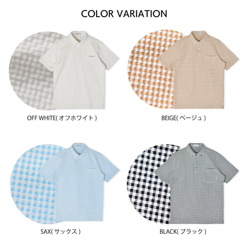 ポロシャツ メンズ 半袖 チェック柄 涼しい 軽い サッカー生地 ボタンダウン サックス(FL23SS-005M-sa)