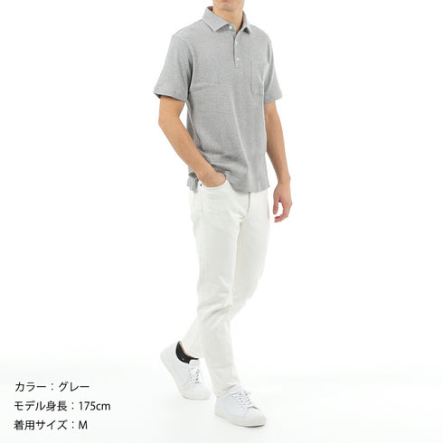 ワッフル ポロシャツ メンズ 半袖 綿100% ストレッチ 無地 セミワイドカラー グレー(FL23SS-009M-gr)