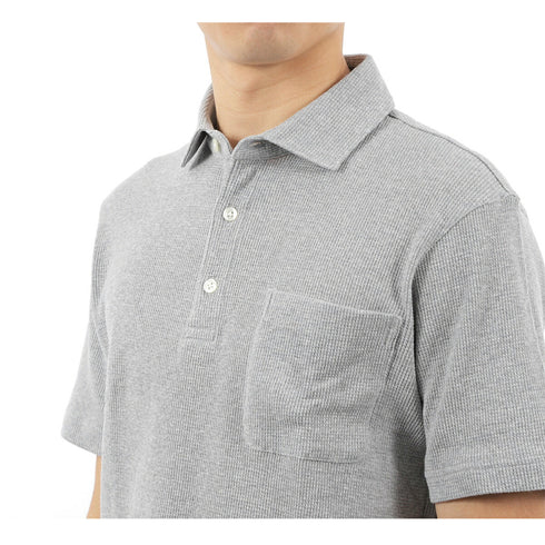 ワッフル ポロシャツ メンズ 半袖 綿100% ストレッチ 無地 セミワイドカラー グレー(FL23SS-009M-gr)