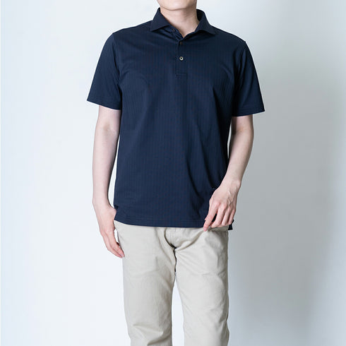 【日本製】 ポロシャツ メンズ 半袖 ビジネス 接触冷感 ヘリンボーン 無地 ワイドカラー クールマックス ブラック(SPKJ23-025-bk)