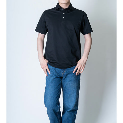 【日本製】 ポロシャツ メンズ 半袖 ビジネス 接触冷感 ヘリンボーン 無地 ワイドカラー クールマックス ブルー(SPKJ23-025-bl)