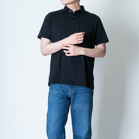 【日本製】 ポロシャツ メンズ 半袖 オーガニックコットン 綿100% やわらかい 無地 ワイドカラー ブルー(SPKJ23-029-bl)