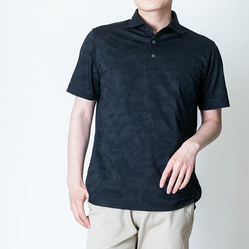 【日本製】 ポロシャツ メンズ 半袖 接触冷感 涼しい 吸水速乾 ワイドカラー カモフラージュ ブラック(SPKJ23-030-bk)