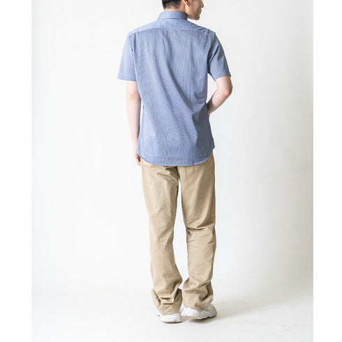 【日本製】 ワイシャツ メンズ 半袖 ビジネス カジュアル イージーケア ノーアイロン ストライプ ワイドカラー サックス(2021-HSS5-sa)