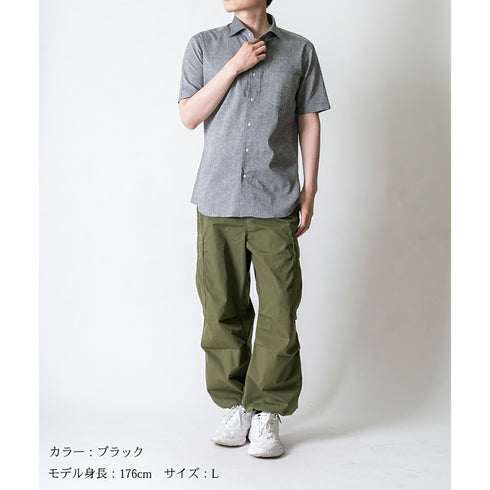 【日本製】 ワイシャツ メンズ 半袖 ビジネス カジュアル コットンリネン 綿麻 無地 ワイドカラー ブラック(2021-HSS7-bk)