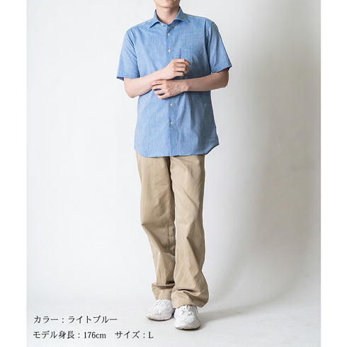 【日本製】 ワイシャツ メンズ 半袖 ビジネス カジュアル コットンリネン 綿麻 無地 ワイドカラー ブラック(2021-HSS7-bk)