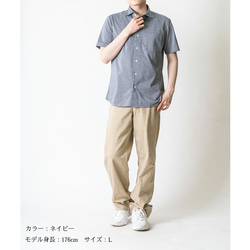 【日本製】 ワイシャツ メンズ 半袖 ビジネス カジュアル イージーケア ノーアイロン ストライプ ワイドカラー ネイビー(2021-HSS5-na)