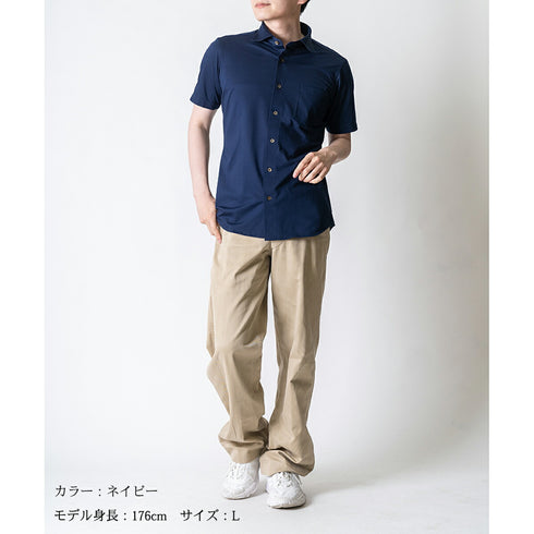 【日本製】 ワイシャツ メンズ ビジネス 半袖 吸水速乾 ストレッチ ノーアイロン 無地 ワイドカラー イージーフォーマルシャツ ネイビー(2021-HSY23-na)
