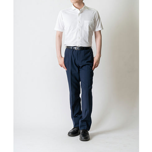 【日本製】 ワイシャツ メンズ ビジネス 半袖 吸水速乾 ストレッチ ノーアイロン 無地 ワイドカラー イージーフォーマルシャツ ネイビー(2021-HSY23-na)