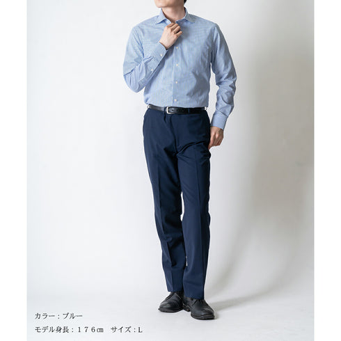 【日本製】 ワイシャツ メンズ ビジネス 長袖 ドレスシャツ ワイドカラー ロンドンストライプ ネイビー(2022-SS27-na)