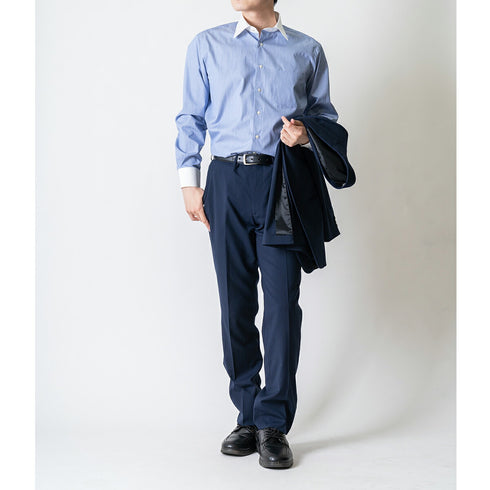 【日本製】 クレリックシャツ メンズ ビジネス 長袖 ワイシャツ ミジンストライプ ブルー(LFS22-005-bl)