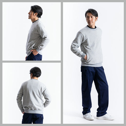 【日本製】 スウェット メンズ トレーナー 長袖 裏起毛 暖かい 無地 クルーネック 丸首 グレー杢(FL23FW-004-gr)