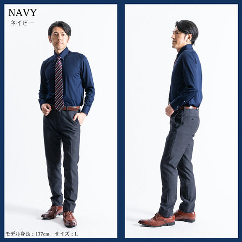 【日本製】 ワイシャツ メンズ 長袖 ビジネス 鹿の子 吸水速乾 ノーアイロン 無地 ボタンダウン クールマックス イージーフォーマルシャツ ネイビー(SNKN23-043-na)