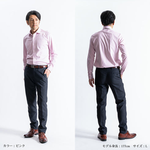 【日本製】 ワイシャツ メンズ ビジネス 長袖 スキンケア加工 イージーケア ノーアイロン 無地 ワイドカラー 潤うコットン 綿100% イージーフォーマルシャツ ピンク(SNKN23-046-pi)