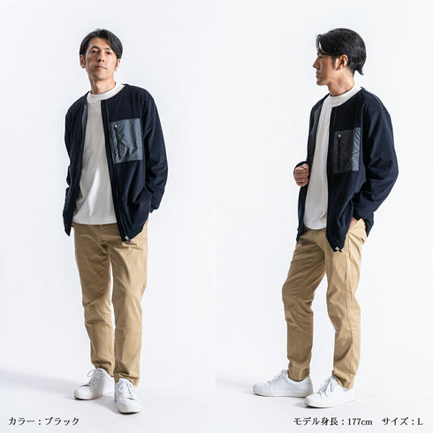 【日本製】ノーカラージャケット メンズ アウター 暖かい 表起毛 ジップ ポケット 無地 グレー(FL22FW-017M-gr)