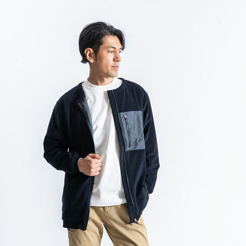 【日本製】ノーカラージャケット メンズ アウター 暖かい 表起毛 ジップ ポケット 無地 グレー(FL22FW-017M-gr)