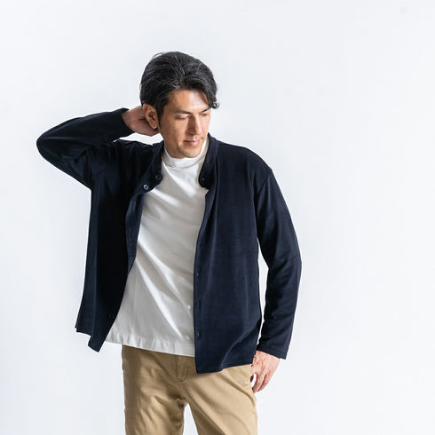 【日本製】 シャツ メンズ 長袖 暖かい 表起毛 無地 バンドカラー ブラック(FL22FW-009M-bk)