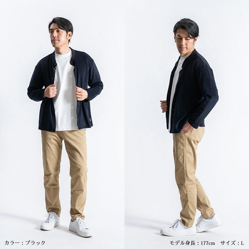 【日本製】 シャツ メンズ 長袖 暖かい 表起毛 無地 バンドカラー ブラック(FL22FW-009M-bk)