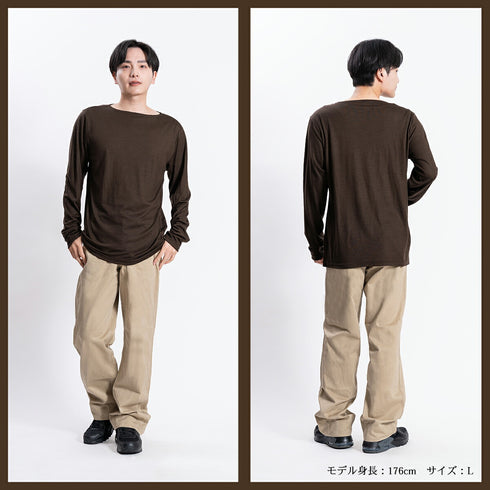 【日本製】ウール tシャツ メンズ 長袖 ボートネック インナー ゆったり ウール100% チャコール(STKJ22-020-ch)