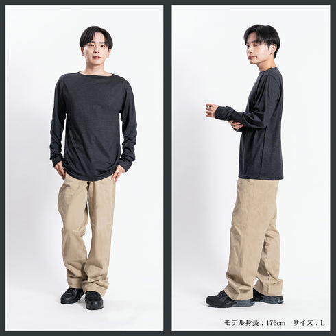 【日本製】ウール tシャツ メンズ 長袖 ボートネック インナー ゆったり ウール100% ネイビー(STKJ22-020-na)