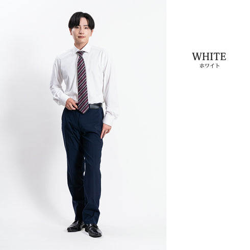 【日本製】 ワイシャツ メンズ ビジネス 長袖 イージーケア ノーアイロン 無地 ワイドカラー イージーフォーマルシャツ ホワイト(LKS22-012-wh)