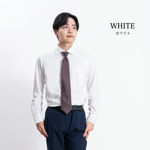 【日本製】 ワイシャツ メンズ 長袖 ビジネス イージーケア ノーアイロン 無地 ワイドカラー イージーフォーマルシャツ ホワイト(SNKN23-051-wh)