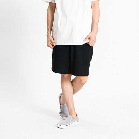 【日本製】 ハーフパンツ メンズ ひざ上 ショート ワッフル生地 綿100% 柔らかい 涼しい 無地 ブラック(FL24SS-005-bk)