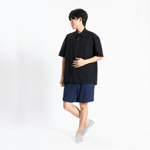 【日本製】 ハーフパンツ メンズ ひざ上 ショート ワッフル生地 綿100% 柔らかい 涼しい 無地 ネイビー(FL24SS-005-na)