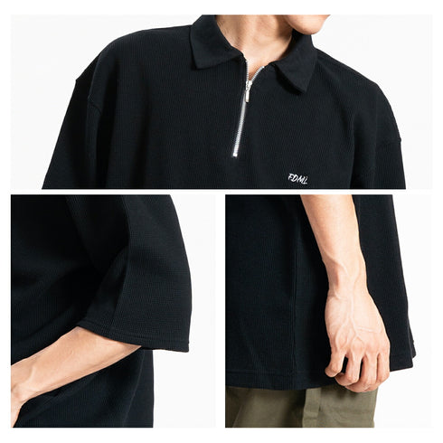 【日本製】 ワッフル ポロシャツ 半袖 メンズ 綿100% 柔らかい 涼しい ハーフジップ 無地 ブラック(FL24SS-003-bk)