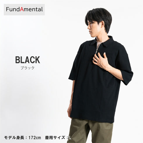 【日本製】 ワッフル ポロシャツ 半袖 メンズ 綿100% 柔らかい 涼しい ハーフジップ 無地 ブラック(FL24SS-003-bk)