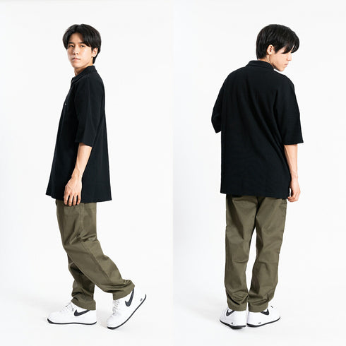 【日本製】 ワッフル ポロシャツ 半袖 メンズ 綿100% 柔らかい 涼しい ハーフジップ 無地 ブラック(FL24SS-003-bk)