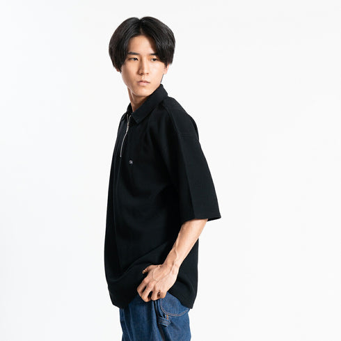 【日本製】 ワッフル ポロシャツ 半袖 メンズ 綿100% 柔らかい 涼しい ハーフジップ 無地 ブラック(FL24SS-003-bk)