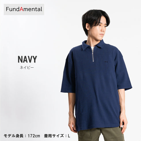 【日本製】 ワッフル ポロシャツ 半袖 メンズ 綿100% 柔らかい 涼しい ハーフジップ 無地 ブラック(FL24SS-003-bk)