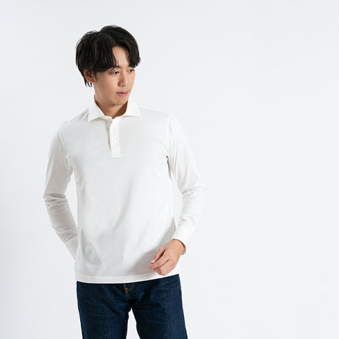 【日本製】 ポロシャツ メンズ 長袖 ビジネス カジュアル 綿100% GIZAコットン 無地 ワイドカラー サックス(SPKB24-070-sa)