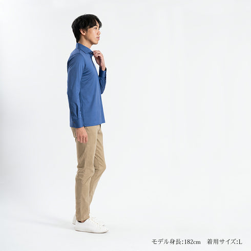 【日本製】 ポロシャツ メンズ 長袖 ビジネス カジュアル 綿100% GIZAコットン 無地 ワイドカラー サックス(SPKB24-070-sa)