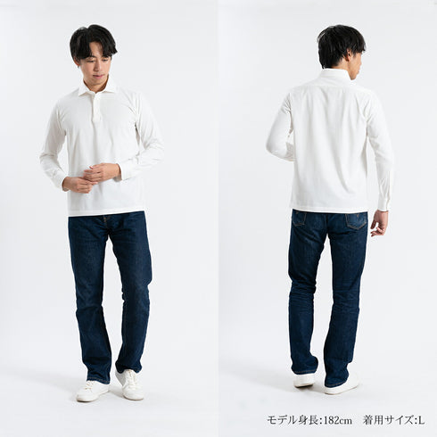 【日本製】 ポロシャツ メンズ 長袖 ビジネス カジュアル 綿100% GIZAコットン 無地 ワイドカラー サックス(SPKB24-070-sa)