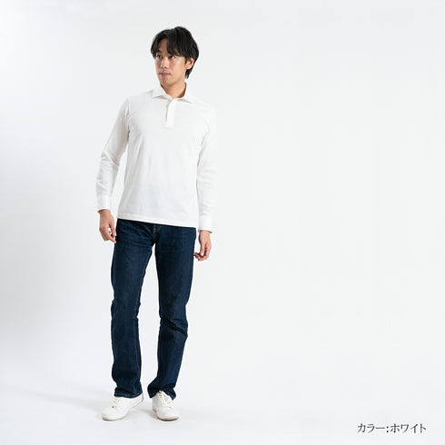 【日本製】 ポロシャツ メンズ 長袖 ビジネス カジュアル 綿100% GIZAコットン 無地 ワイドカラー サックス(SPKB24-070-sa)