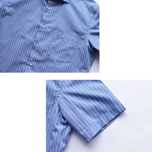 【日本製】 ワイシャツ メンズ 半袖 ビジネス 接触冷感 涼しい 綿100% アイスコットン ストライプ ワイドカラー サックス(SHFG23-058-sa )