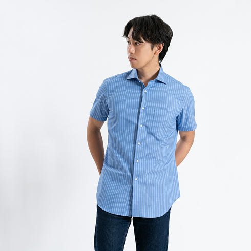 【日本製】 ワイシャツ メンズ 半袖 ビジネス 接触冷感 涼しい 綿100% アイスコットン ストライプ ワイドカラー ブルー(SHFG23-058-bl)
