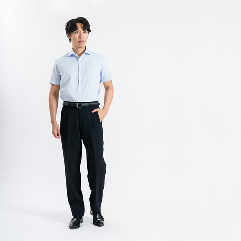 【日本製】 ワイシャツ メンズ 半袖 ビジネス 接触冷感 涼しい 綿100% アイスコットン ストライプ ワイドカラー ブルー(SHFG23-058-bl)