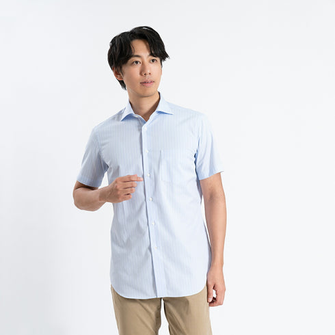 【日本製】 ワイシャツ メンズ 半袖 ビジネス 接触冷感 涼しい 綿100% アイスコットン ストライプ ワイドカラー サックス(SHFG23-058-sa )