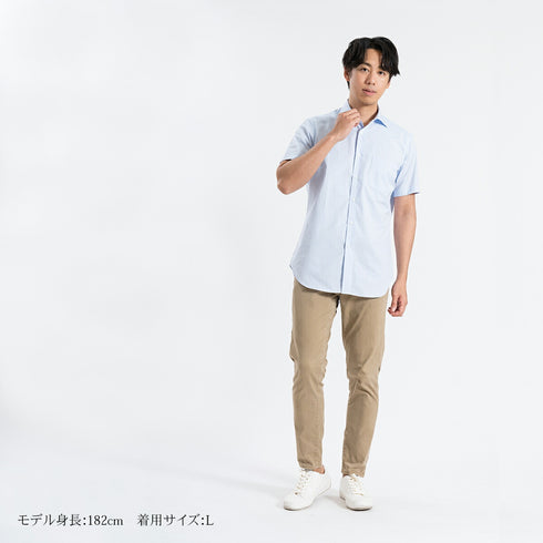 【日本製】 ワイシャツ メンズ 半袖 ビジネス 接触冷感 涼しい 綿100% アイスコットン ストライプ ワイドカラー ブルー(SHFG23-058-bl)
