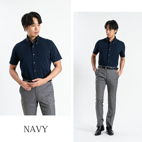 【日本製】 ワイシャツ メンズ 半袖 ビジネス 鹿の子 柔らかい イージーケア ノーアイロン 無地 ボタンダウン サックス(SHKN24-066-sa)