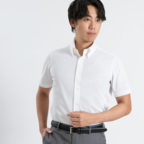 【日本製】 ワイシャツ メンズ 半袖 ビジネス 鹿の子 柔らかい イージーケア ノーアイロン 無地 ボタンダウン サックス(SHKN24-066-sa)