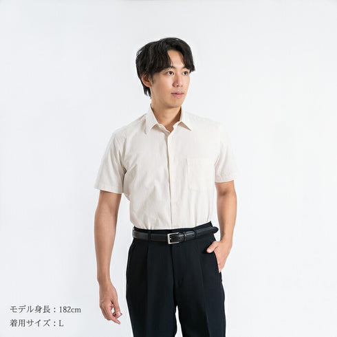 【日本製】 ワイシャツ メンズ 半袖 ビジネスカジュアル ストライプ レギュラーカラー 綿100% サッカー生地 ネイビー(SHFG23-057-na)