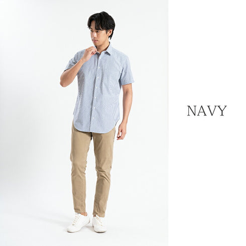 【日本製】 ワイシャツ メンズ 半袖 ビジネスカジュアル ストライプ レギュラーカラー 綿100% サッカー生地 サックス(SHFG23-057-sa)