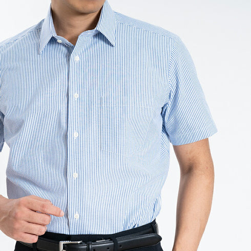 【日本製】 ワイシャツ メンズ 半袖 ビジネスカジュアル ストライプ レギュラーカラー 綿100% サッカー生地 ベージュ(SHFG23-057-be)