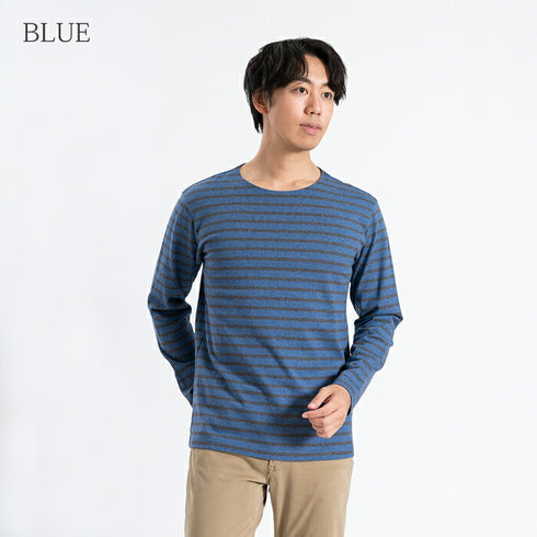 【日本製】 ボーダー tシャツ メンズ 長袖 バスクシャツ クルーネック 丸首 厚手 綿100% ネイビー(STKB24-059-na)