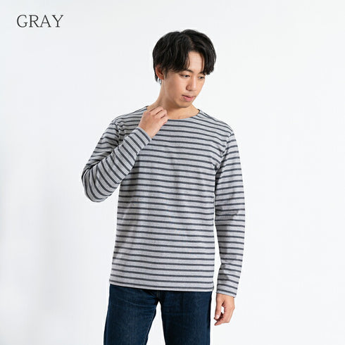 【日本製】 ボーダー tシャツ メンズ 長袖 バスクシャツ クルーネック 丸首 厚手 綿100% ブルー(STKB24-059-bl)